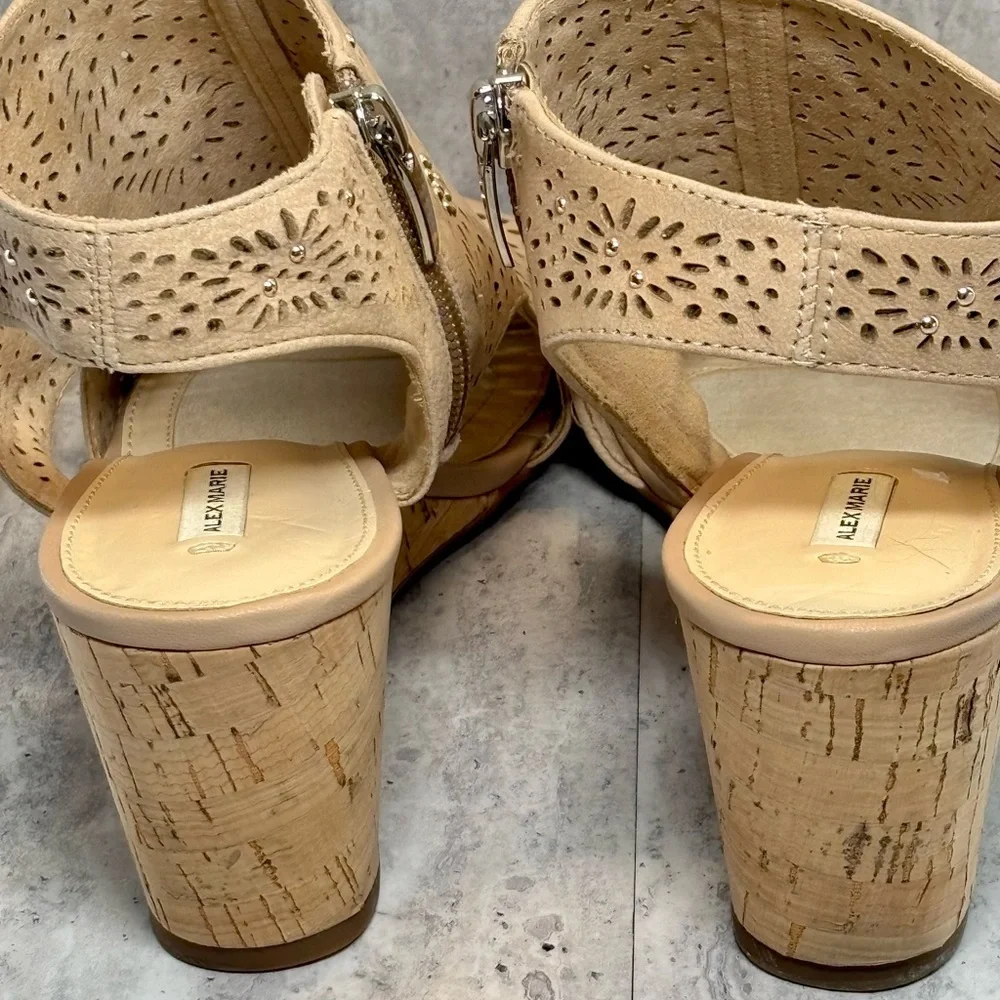 Alex Marie Tan Brown Perforated Leather Studded Zip Wedge Sandals 8M - Picture 9 of 12